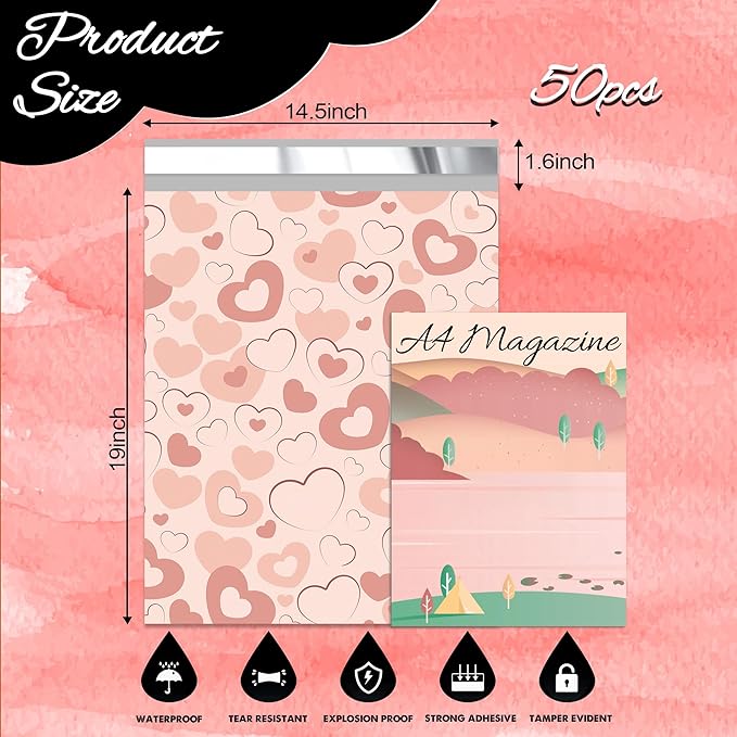 Pink Heart Poly Mailer 14.5x19 Inch 50 Pcs, Waterproof Shipping Bags for Clothing, Tear-Resistant Mailier Bags, Strong Mailing Bags with Self-Seal