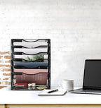 EasyPAG 7 Tier Wall File Holder with Flat Tray, Black | Easy Assemble Mesh Desk File Organizer | 6-Folder Paper Storage | Replaceable Classify Labels | Space Saving Mail Organizer for Office Home