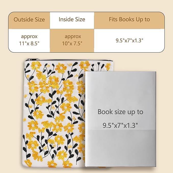 LParkin Embroidered Daisy Flower Book Sleeve with Zipper - Washable Fabric Book Cover Protector for Paperbacks & Hardcover, Gift for Book Lovers (Yellow, 11x8.5 Inch)