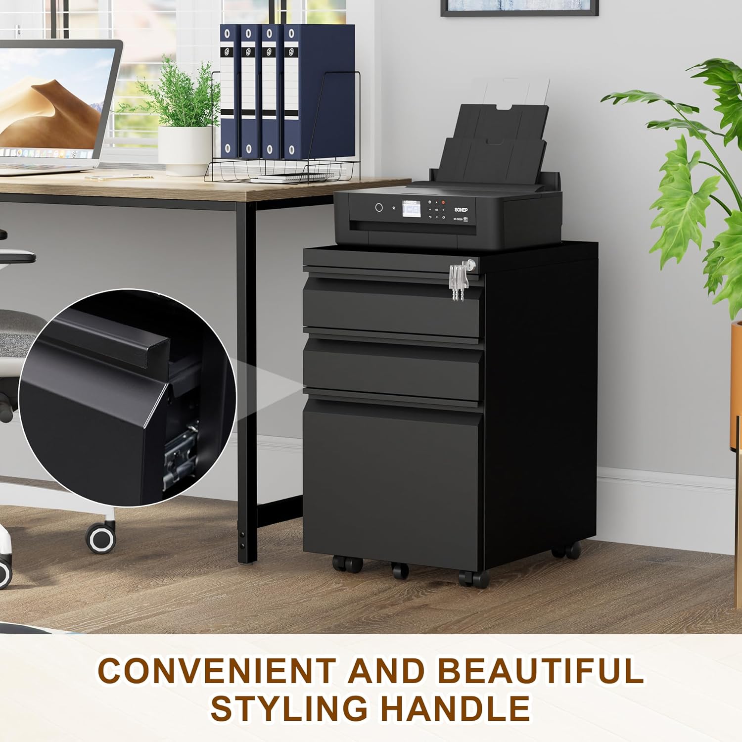 Metal Mobile File Cabinet with Lock and 4 Keys - Fully Assembled, Under Office Desk 3 Drawers Filing Cabinet for Home Office with Anti-tilt Wheels, A4/Legal/Letter Hanging File Drawers