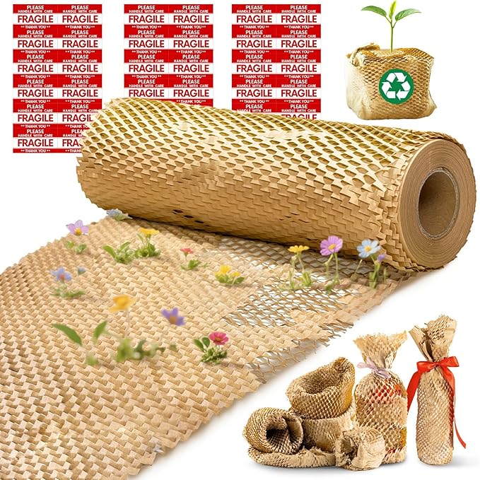 Honeycomb Packing Paper, 12"x200' Brown | Perforated Honeycomb Packing Paper Recyclable Moving Supplies for Shipping & Moving | Plastic-Free Alternative to Bubble Cushion Wrap with 36 Fragile Stickers
