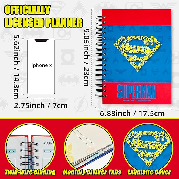 Superhero Academic Planner, Weekly Monthly Daily Agenda, Custom Date Organizer for Time Management, Spiral Bound Notebook with Colorful Tabs,Datebooks for Middle or High School Student (Blue Red)
