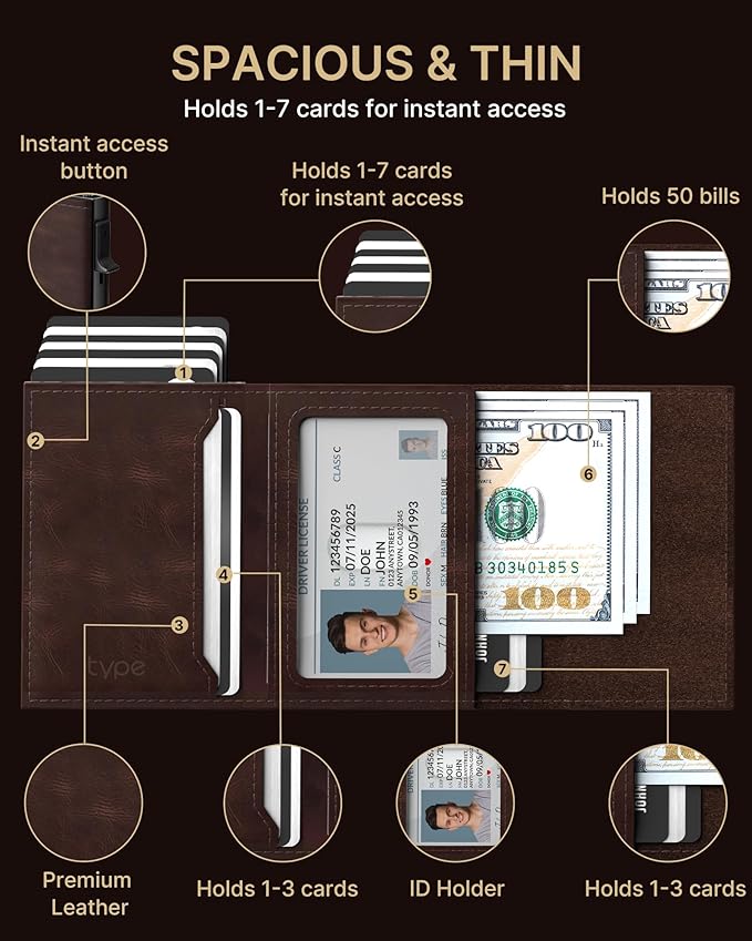 typecase Mens Wallet Card Holder: Pop Up Aluminum Case, Genuine Leather, Smart, RFID Blocking, Slim, Minimalist, Front Pocket - 9-14 Card Capacity | ID Window | Cash Slot - Oil Wax Brown