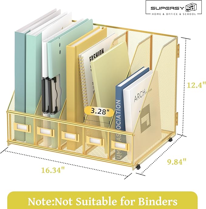 SUPEASY Desk Organizers Metal Desk Magazine File Holder with 5 Vertical Compartments Rack File Organizer for Office Desktop, Home Workspace, Gold