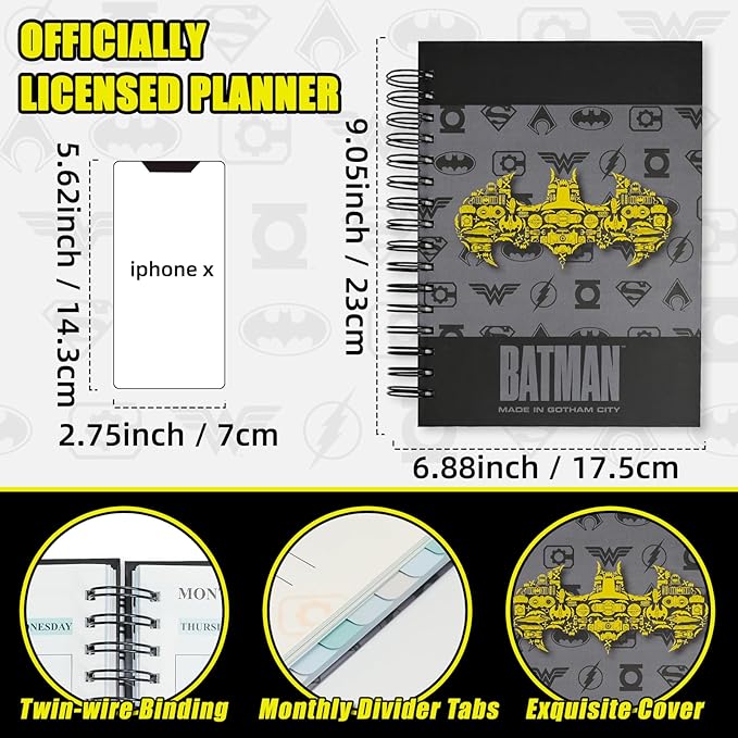 Hero Theme Academic Planner Notebook, Weekly Monthly Daily Agenda, Custom Date Organizer for Time Management, Spiral Bound Planner with Colorful Tabs,Datebooks for Student, Workers (Black and Grey)