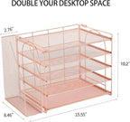 AUPSEN Rose Gold Desk Accessories Organizer,5-Tier Desktop Paper File Organizer with Adjustable File Holder, Office Desk Accessories for Office Supplies