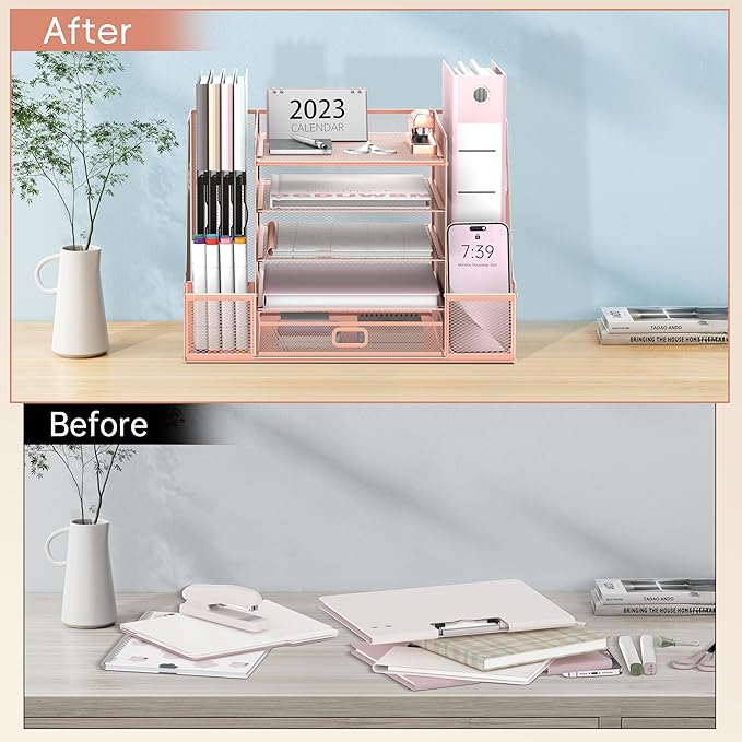 SUPEASY Mesh Desk Organizer with File Holder, 5-Tier Paper Letter Tray Organizer with Magazine Holder, Desktop Organizer and Storage with Drawer for Office Supplies Home or School, Rose Gold