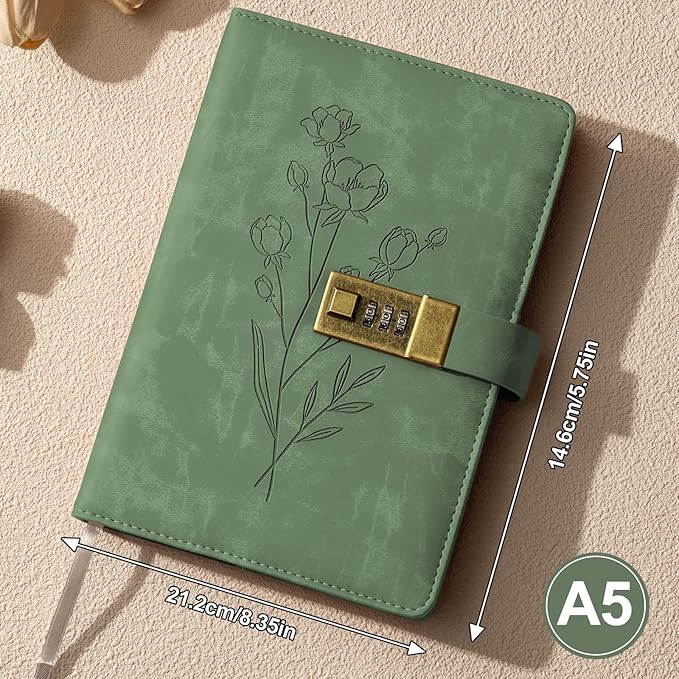 Lock Diary for Women Diary with Lock for Girls A5 Leather Locked Journal 260 Pages 100 GSM Refillable Journal with Lock for Teens Secrets Flower Journals with Combination Passwords, 5.7"x8.3", Green