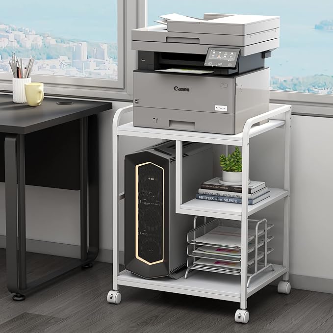 Large Printer Stand Table with Storage Shelf for Host Computer, PC Tower, CPU and Shredder, 3 Tier Rolling Printer Cart with Wheels for Home Office Storage and Organization - White