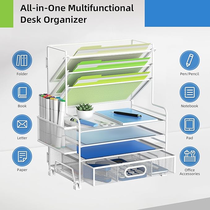 4-Tier Paper Organizer + 3-Pocket File Holder + Drawer + Pen Holders, Desktop File Organizers Paper Tray for Office Supplies School Classroom Organization (White, with Drawer & Pen Holder)