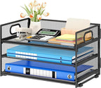 Subekyu 3 Tier Paper Letter Tray Organizer for Desk, Black Metal Mesh Desk File Folder Sorter Organizer with Handle and Sliding Tray for Home, Office, School Supplies Organization Storage