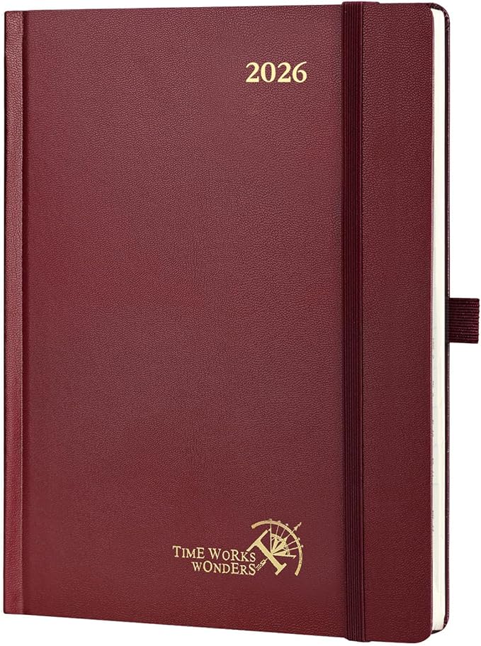 POPRUN 2026 Planner (Medium Size 8.5''x 6.5'' Hardcover) - Daily Weekly and Monthly Calendar Agenda 2026 Appointment Book with Hourly Time Slots, Monthly Tabs, 100 GSM - Burgundy