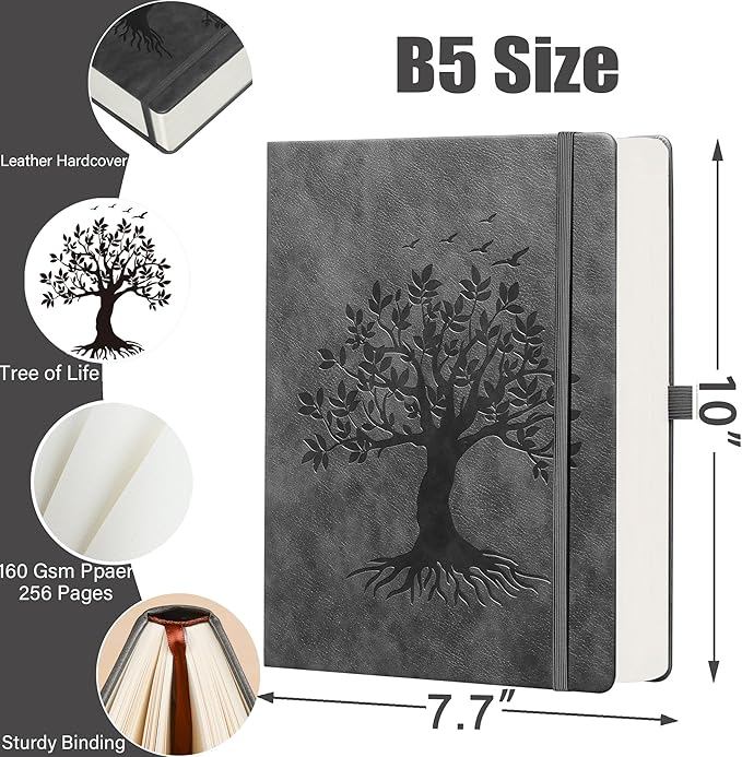 ZXHQ B5 Bullet Dotted Journal Notebook:150gsm Thick Paper, 256 Pages, Dot Grid Hardcover, Tree of Life Design, Fine Inner Pocket - 7.7" × 10" Dark Grey