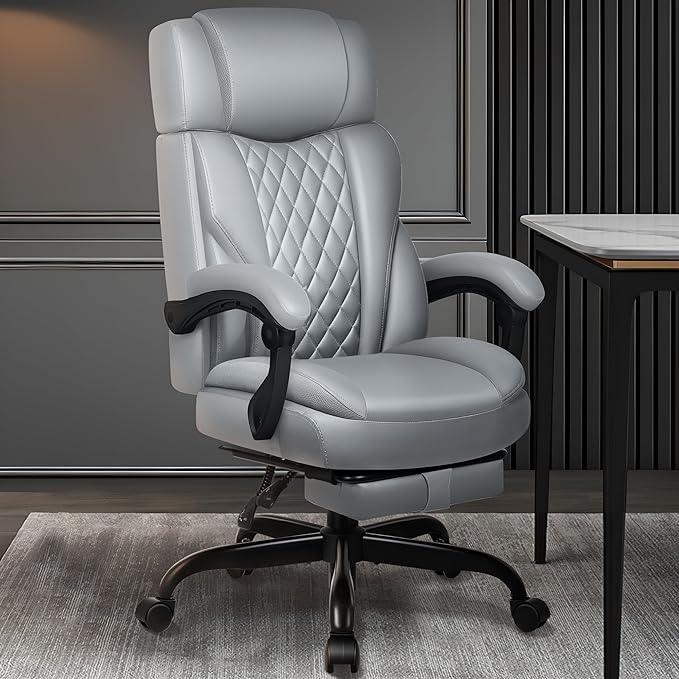 Executive Leather Office Chair, Big and Tall Desk Chair with Footrest Home Office Desk Chairs, Ergonomic Computer Desk Chair with Lumbar Support, Reclining Chair with Adjustable Angle