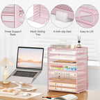 Subekyu 9 Tier Paper Letter File Tray Organizer for Desk, Pink Large Mesh Desk Folder Sorter Organizer with Handle, Include 6 Pcs Adjustable Height Slid Tray for Office Home School Supplies Storage