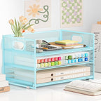 Subekyu 3 Tier Paper Desk Organizer with Handle and 1 PC Slideable Letter Tray, A4 Paper File Folder Sorter Metal Mesh Organizer for Home Office School Desk Supplies Organization Storage, Blue