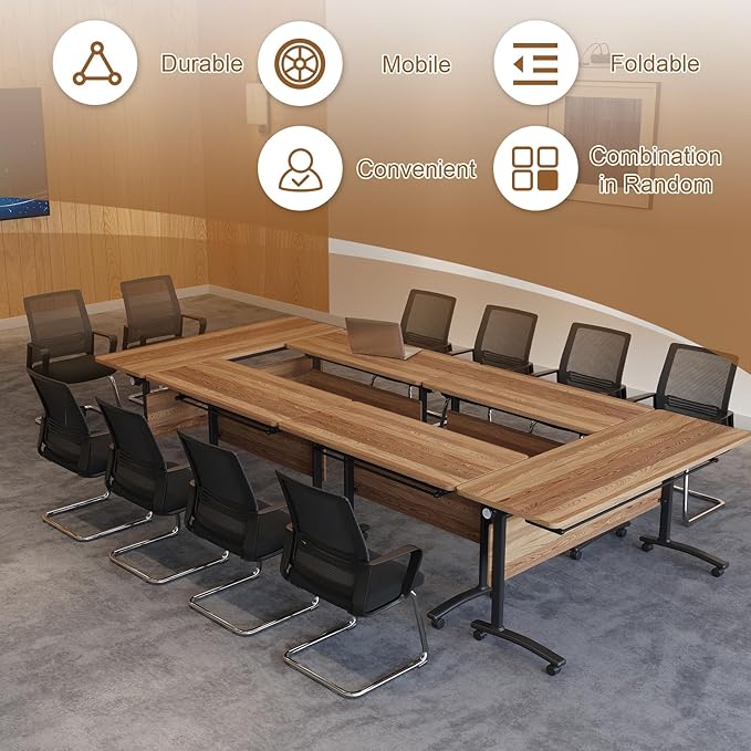 Folding Conference Room Table, Modern Conference Tables with Silent Wheels, Large Rectangular Mobile Training Tables for Office Classroom, Foldable Modular Boardroom Seminar Table (10pack L55.1in)