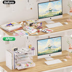 Desk Organizers and Accessories, 5-Tier Paper File Organizer with Drawer & Pen Holder, Office Desk Accessories Workspace Desktop Organizer for Office Supplies (White)