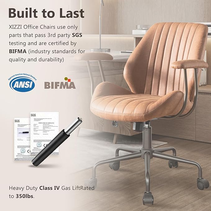 Mid Century Modren Office Chair - Mid Back Swivel Executive Chair with Lumbar Support,Ergonomic Computer Desk Chair with Wheels,Faux Lether Suede Task Chair,350lbs (Brown, Mid Back)