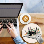 Book Black Cat Floral Flowers Mouse Pad, Small Round Mousepads for Desk, Mini Travel Mouse Mat for Wireless Computer Laptop, Work Office Desk Accessories, 8.6 x 8.6 inch