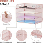 Marbrasse 4 Tier Paper Organizer Letter Tray - Mesh Desk File Organizer with Handle, Paper Sorter Organizer for Letter/A4 Office File Folder Holder (Pink, 12.6" x 9.1" x 10.7")