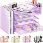 Desk Organizers and Accessories, 5-Tier Paper File Organizer with Drawer & Pen Holder, Office Desk Accessories Workspace Desktop Organizer for Office Supplies((Purple)