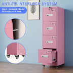 METAN 4 Drawer Vertical File Cabinet on Wheels, Lockable Office Files Storage Cabinet with Handle and Name Card,Mobile Storage Cabinet for Office and Home,Assembly Required,Pink