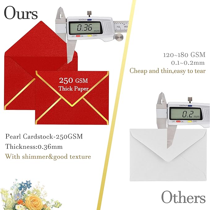 60 Pack Gold Envelopes 5x7 Bluk Red, 250G Pearled Cardstock A7 Envelopes for Invitations Business Mailing Envelope with Gold Foil Border, A6 4x6 Envelopes for Wedding Baby Shower Cards