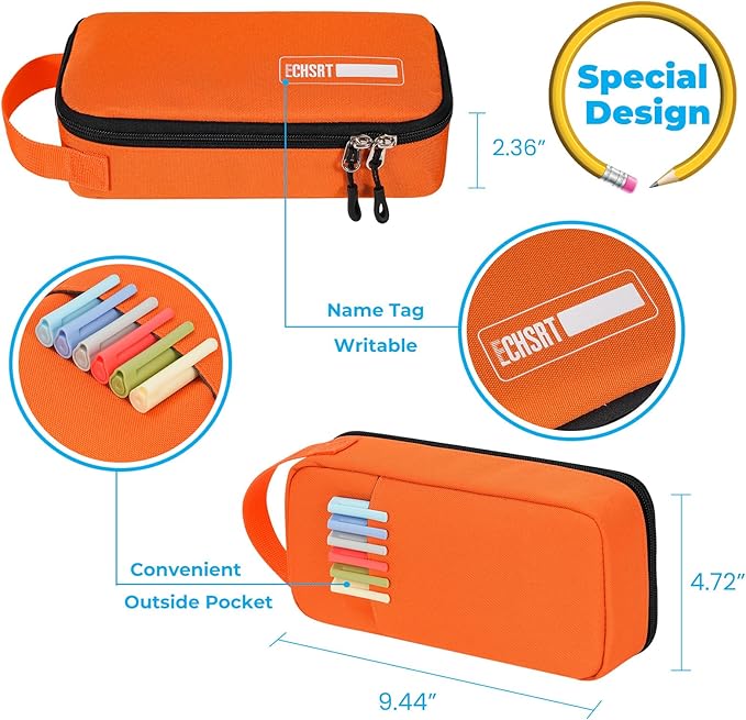 ECHSRT Big Pencil Case, Aesthetic Portable Zipper Pencil Bag with Hidden Pocket, Special Pouch for Men Women Adults, Stationery Organizer Pen Cases for Office Travel, Orange