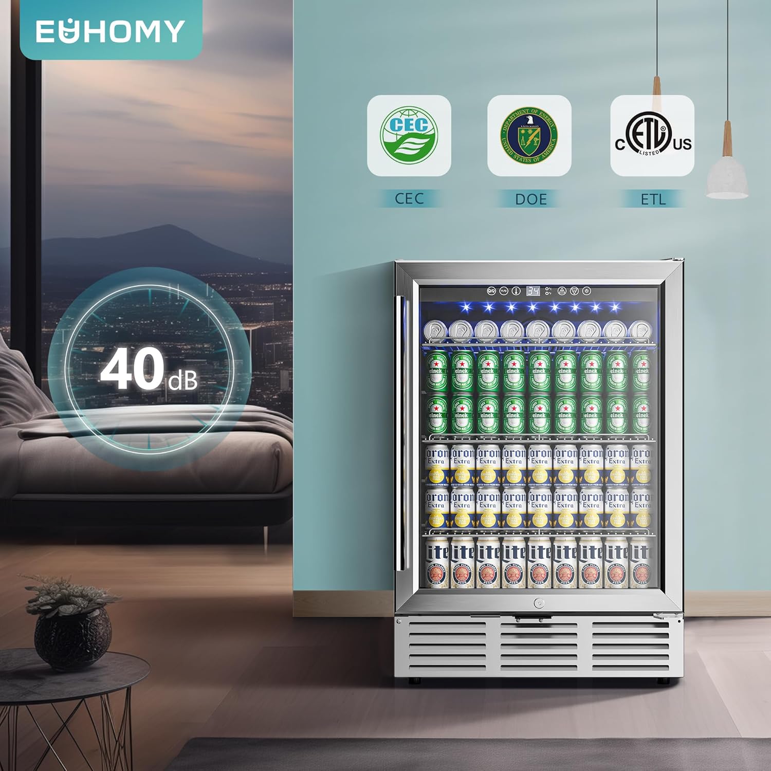 EUHOMY 24 Inch Beverage Refrigerator, 180 Can Built-in Beverage Cooler, Under Counter Beer Fridge with Glass Door for Soda, Water, Wine - For Kitchen, Bar or Office