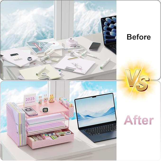 Wood Desk Organizers and Accessories with File Holder, 4-Tier Desk Accessories & Workspace Organizers with Drawer and Pen Holder, Paper Organizer for Office Supplies (Pink)