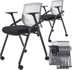 10 Pack Foldable Office Chair with PU Wheels and Sliding Armrest-Ergonomic Mesh Bouncing Back, Stackable Conference Room Chair, Office Guest & Reception & Meeting Chair (Black)