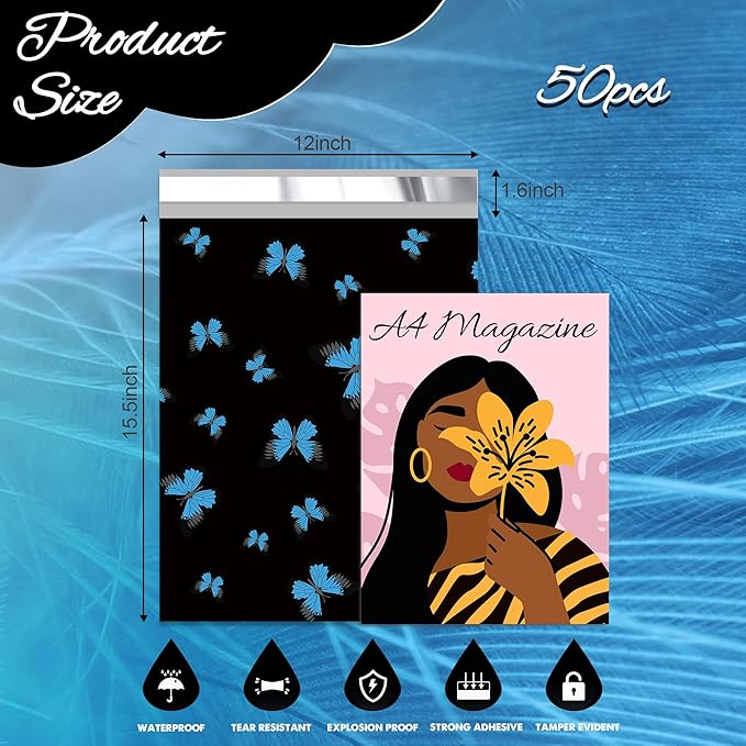 butterfly Poly Mailer 12x15.5 Inch 50 Pcs, Waterproof Shipping Bags for Clothing, Tear-Resistant Mailier Bags, Strong Mailing Bags with Self-Seal