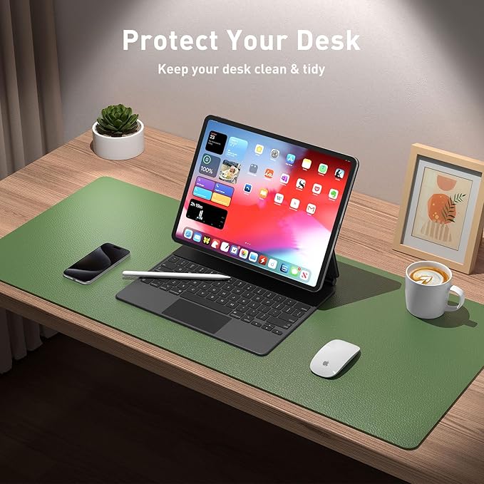 Aothia Leather Desk Pad Protector, Mouse Pad, Office Desk Mat, Non-Slip PU Leather Desk Blotter, Laptop Desk Pad, Waterproof Desk Writing Pad for Office and Home (48"x17", Olive Green)