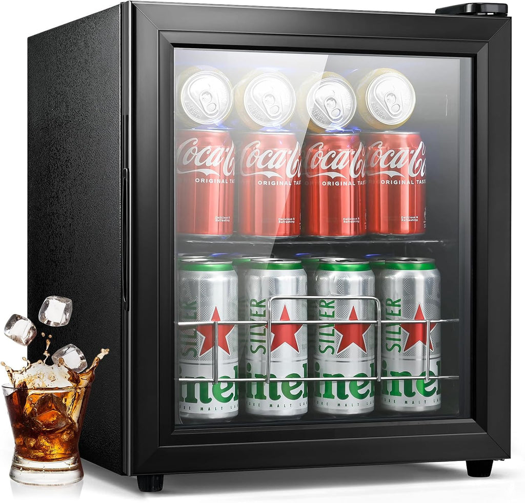 Small Beverage Refrigerator Cooler, 1.6 Cu.Ft Mini Fridge with Tempered Glass Door, 60 Cans Wine Drink Beer Fridge for Office Bedroom Bar, 7 Level Temperatures, Adjustable Shelf (12 Oz)
