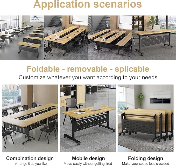 Folding Conference Table - Modular Conference Room Tables Foldable & Stackable Boardroom Table with Casters | Large Rectangle Office Meeting Table for Training Rooms (6PCS-55.1in)
