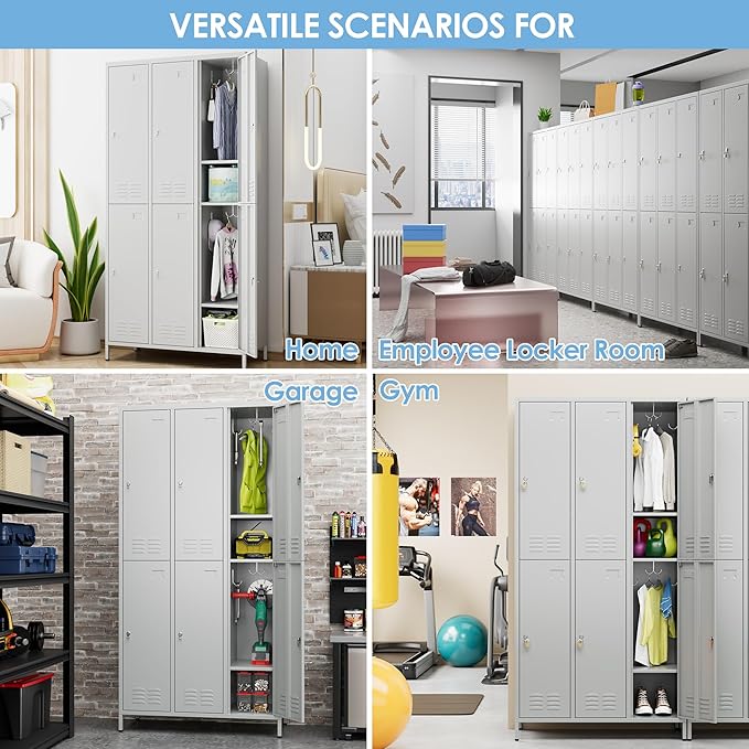6 Doors Metal Locker with Business Card Holder,Metal Locker for Employees with 18 Hooks for School Garage Office Gym Home,Assembly Required,Light Grey