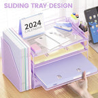Desk Organizer and Accessories, 4-Tier Desktop File Organizer with Drawer and 2 Pen Holders, Office Desk Accessories for Office Supplies(Purple)