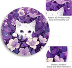 White Cat Purple Floral Mouse Pad, Small Round Mouse Pads for Desk, Kawaii Cute Mini Travel Mousepad for Wireless Computer Laptop, Office Desk Accessories, 8.6 x 8.6 inch