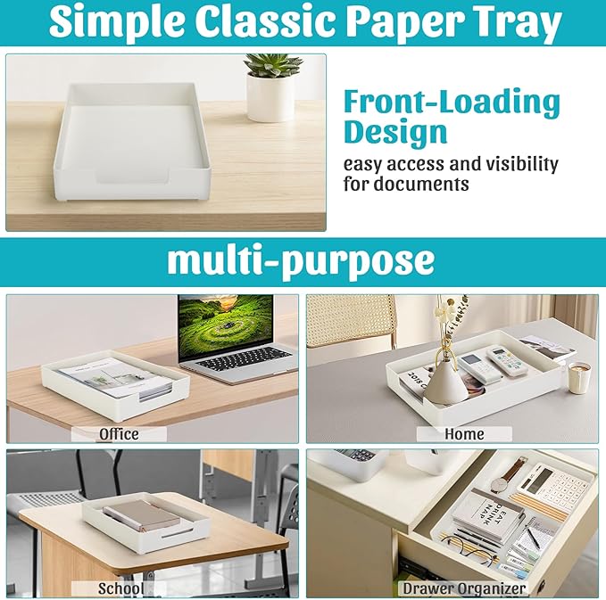 Letter-Size Tray Desk Letter Tray Paper Tray, Sturdy Heavy-Duty Plastic Printer Paper Tray, Single-Tier Stackable File Storage Organizer for Office Home (2, White)