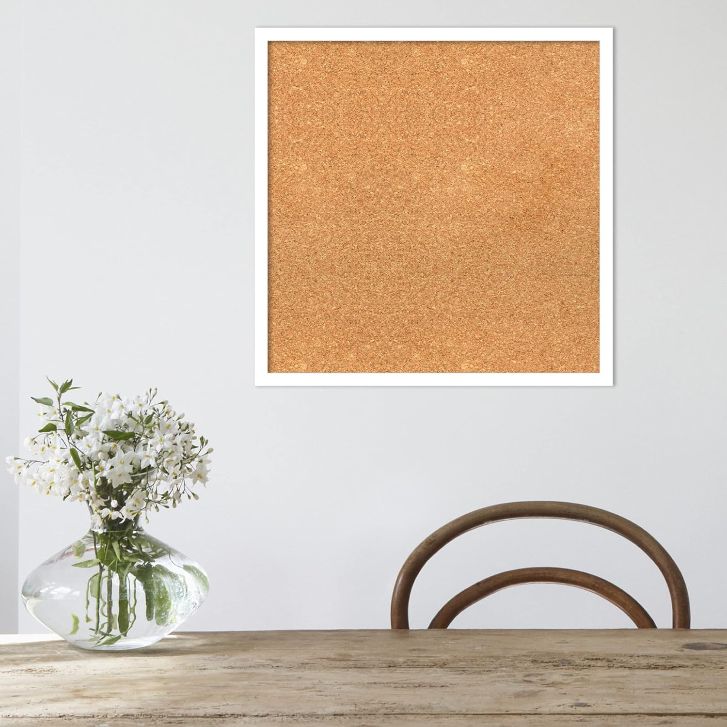 Amanti Art Natural Cork Board for Wall, 21x21 Vision Board with White Frame, Medium Corkboard Office Decor for Home Organization, Modern Corkboard Pinboard to Display Items for Home Organization in