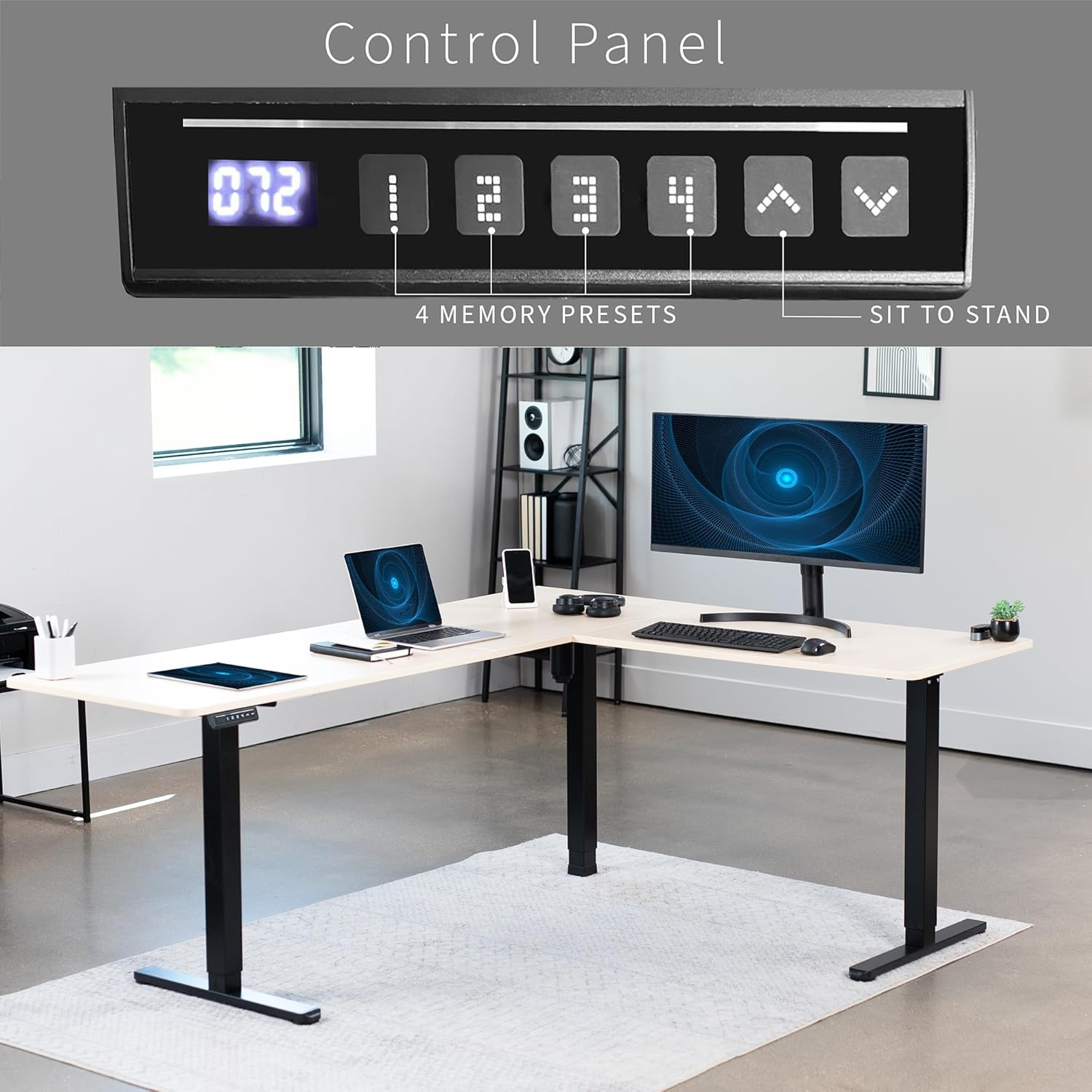 VIVO Electric Corner L-Shaped 75 x 63 in Standing Desk, Memory Height Adjustment, Light Wood Top Black Frame, DESK-E3CTBC-75