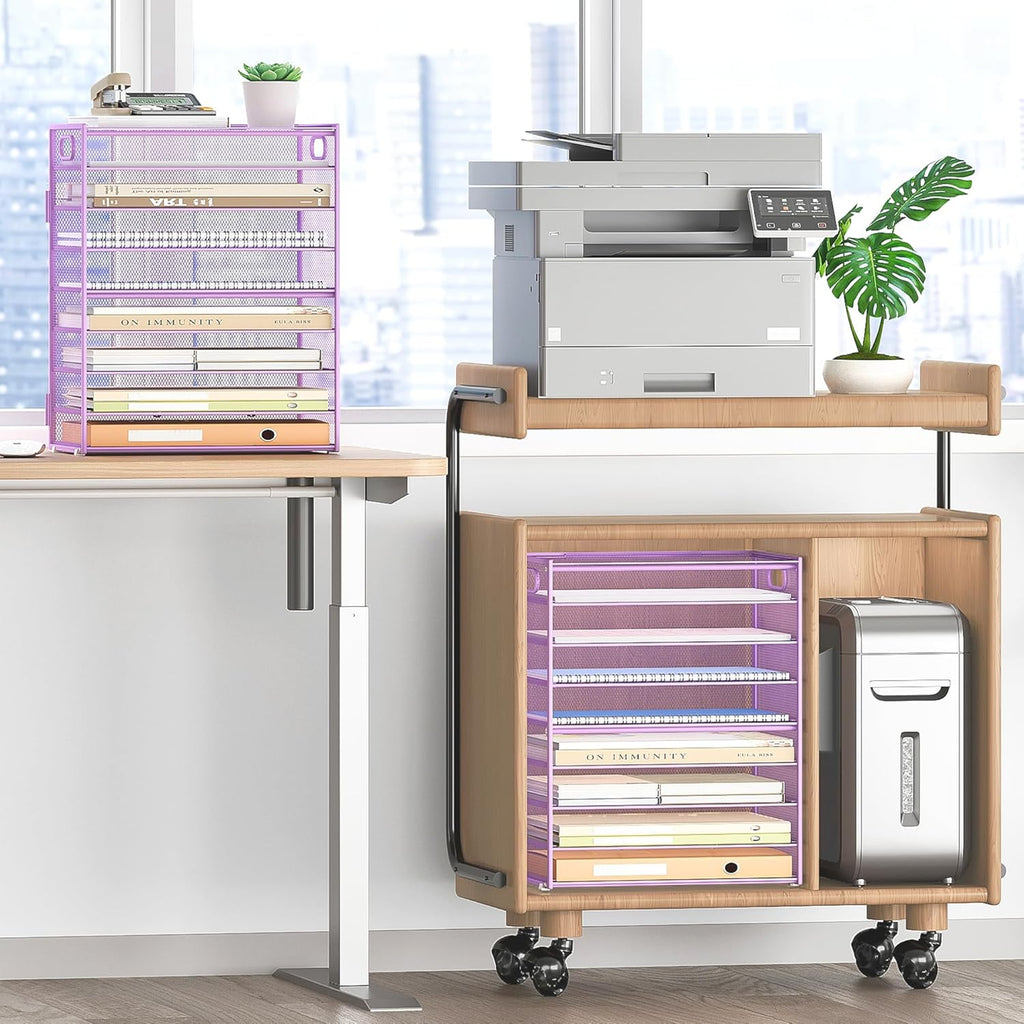 SUBEKYU 9 Tier Paper Letter Tray Desk Organizer with Handles - Purple Metal Mesh File Holder Paper Sorter Desk Organizer for Office Home School, Include 6 Pcs Adjustable Slid Tray, 6 Colors Available