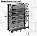 EASEPRES 6 Tier Mesh Hanging Wall File Organizer, Desk Mail Paper Document Folder Holder, Clipboard Storage Organization Magazine Rack with Bottom Tray and Nametag Label for Office Home School, Black