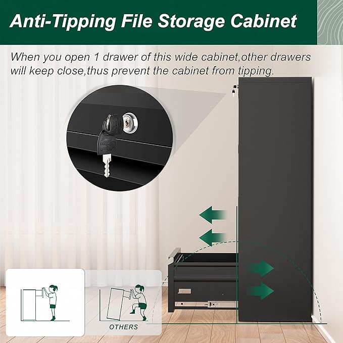 Superday Filing Cabinet Lateral File Cabinet 4 Drawer, Filing Cabinets with Lock, Locking Metal File Cabinets for Home OfficeLegal/Letter/A4/F4(Black)