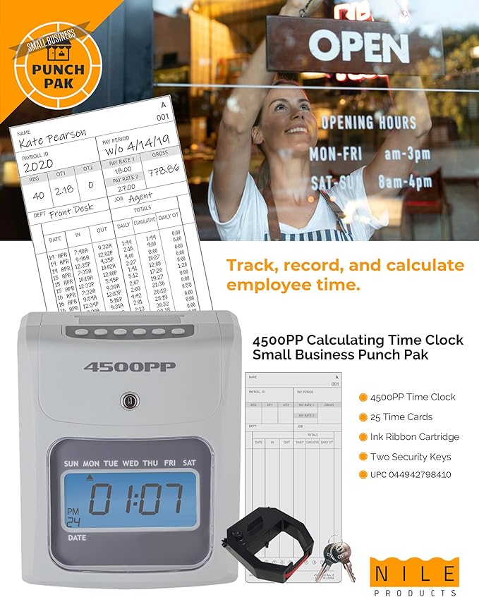 Nile Products - 4500PP Electronic Calculating Time Clock, Employees in/Out Time Tracker, Small Business Punch Pack Bundle Includes: 25 Time Cards,1 Ink Ribbon and 2 Security Keys