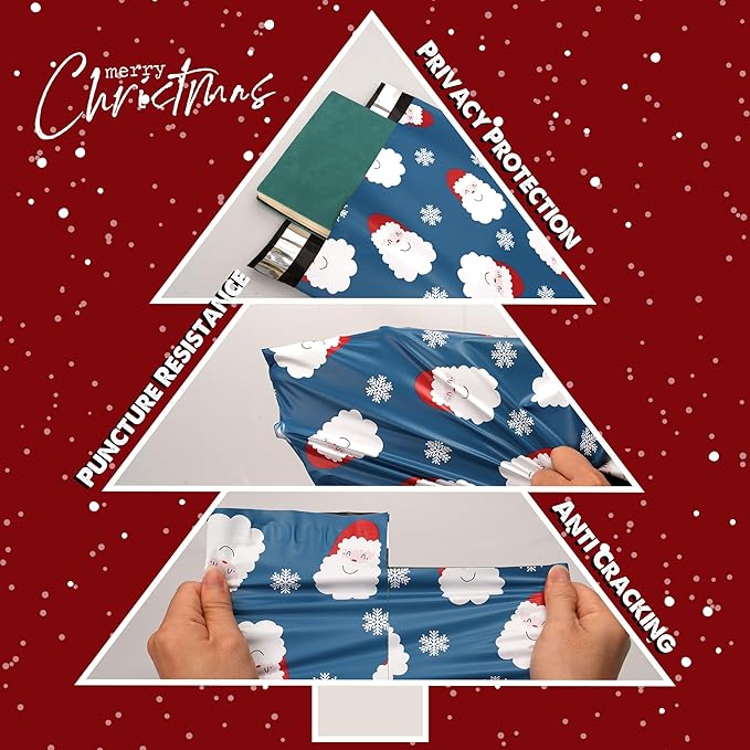 Christmas Poly Mailer - 12x15.5 Inch, 50 Pcs Waterproof Shipping Bags for Clothing, Tear-Resistant, Strong Mailing Bags with Self-Seal - Santa Claus and Snowflakes Printed