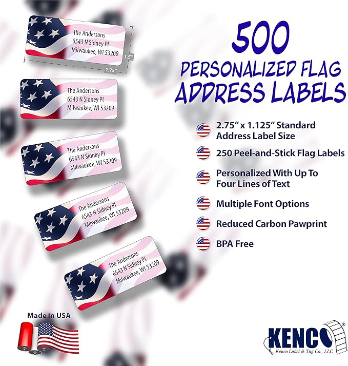 Customized Personalized Address Labels - Made in The USA by Kenco (500 Labels, American Flag)