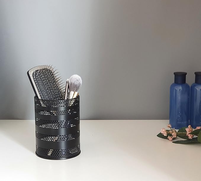Metal Mesh Pen Pencil Cup Holder Stand Office Desk Organizer Stationery Caddy Makeup Brush Holder, Black (Large)