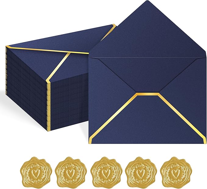 60 Pack Gold Envelopes 5x7 Dark Blue, 250G Pearled Cardstock A7 Envelopes for Invitations Business Mailing Envelope with Gold Foil Border, A6 4x6 Envelopes for Wedding Baby Shower Cards